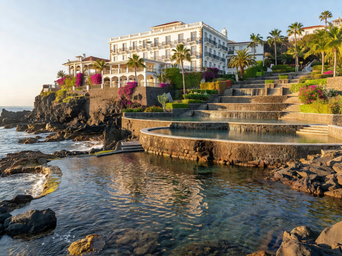 Reids Palace Belmond Hotel ocean level saltwater tidal pool and upper freshwater terraces in Funchal Madeira
