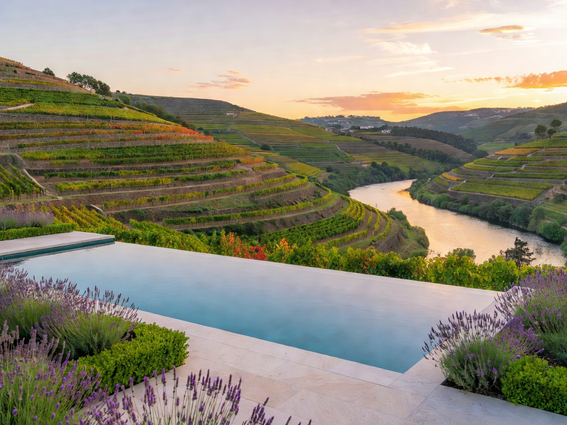 Six Senses Douro Valley outdoor infinity pool overlooking terraced river vineyards in Lamego