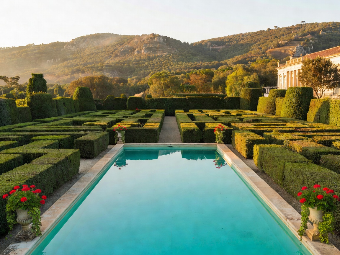 Tivoli Palacio de Seteais swimming pool set amidst formal eighteenth-century hedge mazes and Sintra hills